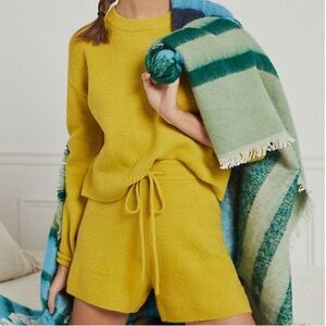Anthropologie Saturday Sunday Chartreuse Knit Loungewear Short & Sweater Set XS